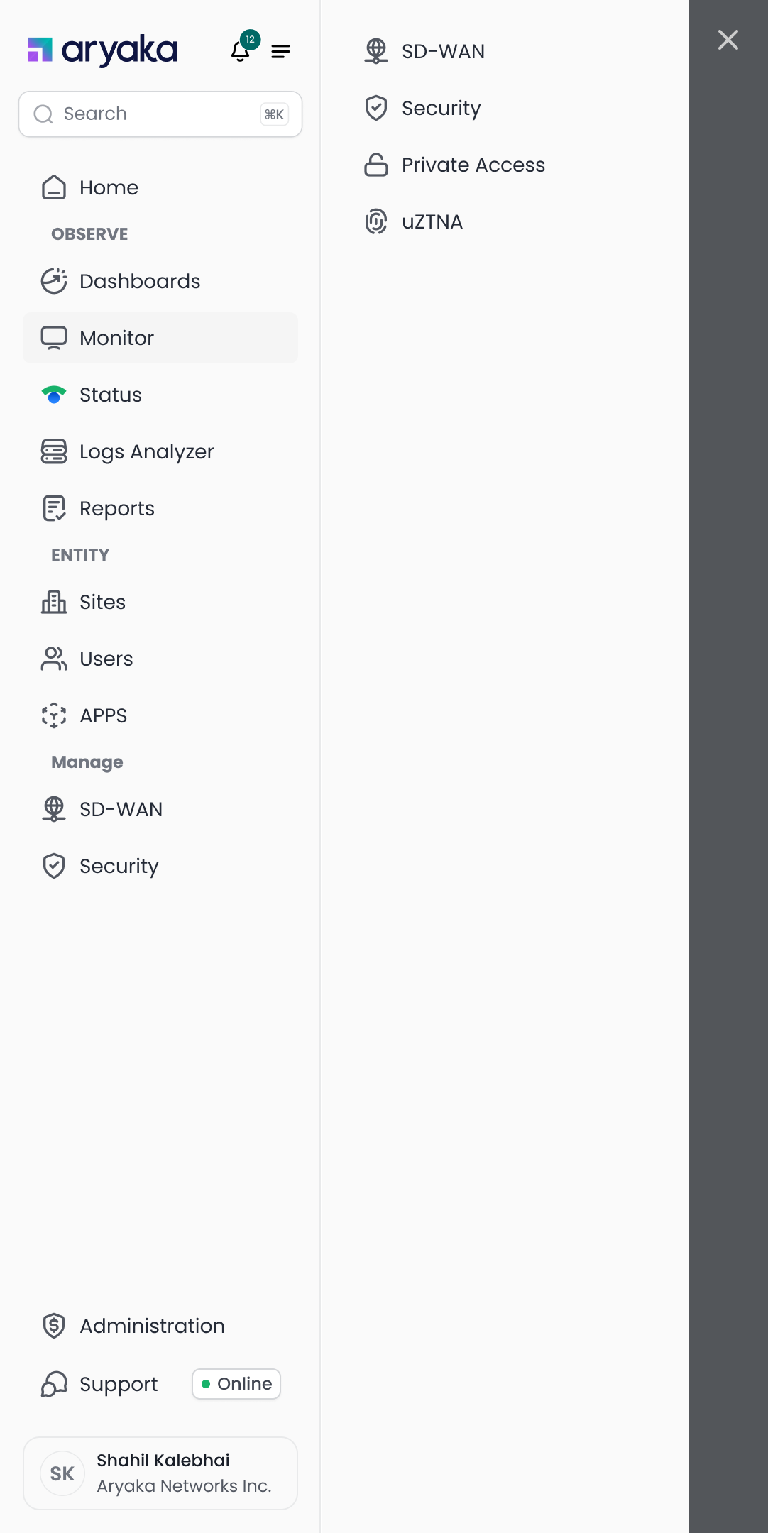 Manage section with SD-WAN expanded